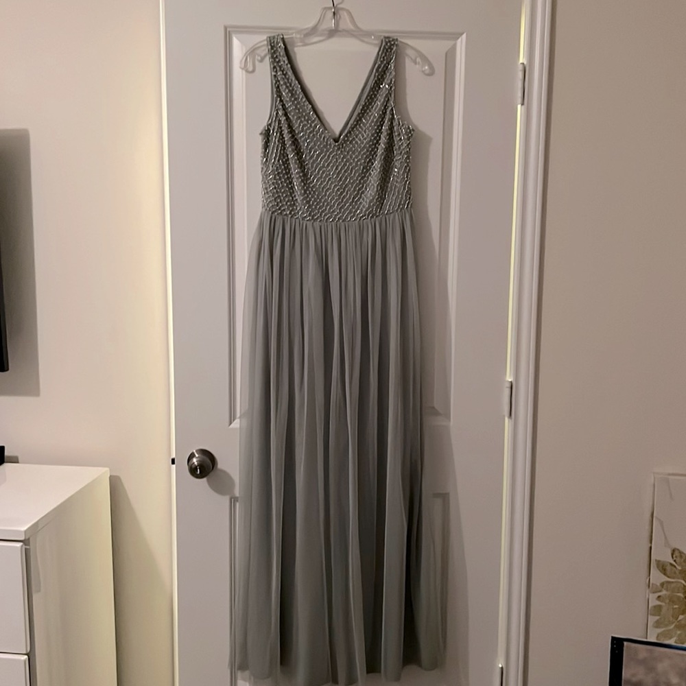Light green, long flowy dress studded with pearls
